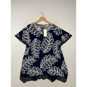 Tropical Botanical AMANA Womens 3X Navy Blue White Leaf Print Layered Tunic Top